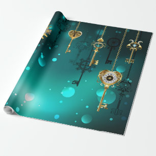 Papier Cadeau Antiques Clés Squelette sur Fond Vert