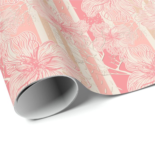 Papier Cadeau Apricot motif à rayures florales rose (Coin rond)