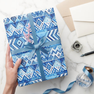 Papier Cadeau Aqua Bleu Blanc Tribal Bandes Anniversaire