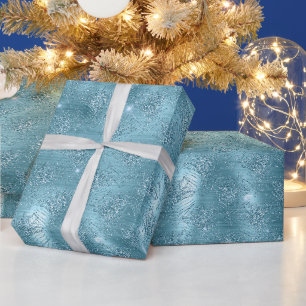 Papier Cadeau Aqua Blue Glam Parties scintillant Peacock Plumes