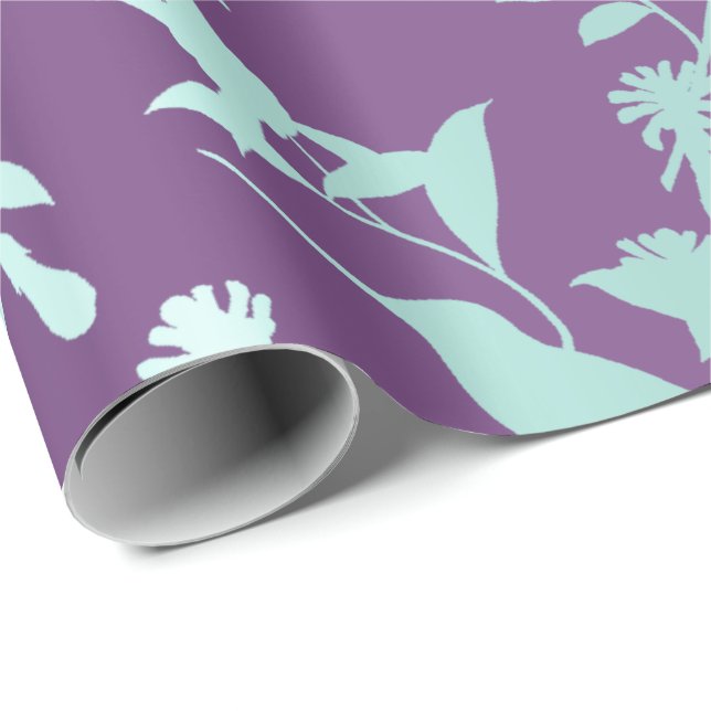 Papier Cadeau Aqua Blue violet Fleurs de colibri (Coin rond)