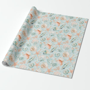 Papier Cadeau Aqua Coquillage Étoile de Mer Aquarelle Cadeau Côt