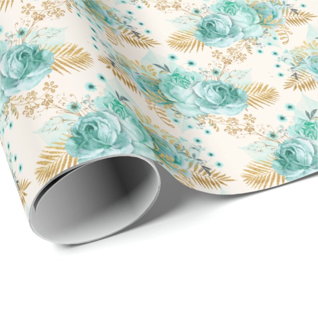 Papier Cadeau Aqua Cream Gold Floral (Coin rond)