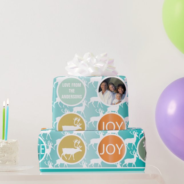 Papier Cadeau Aqua Family Photo Reindee Noël Joyeux Feu (Cadeaux de fête)