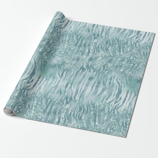 Papier Cadeau Aqua Mint Zebra Print Confetti Parties scintillant (Déroulé)