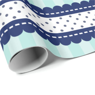 Papier Cadeau Aqua Navy Bleu Stripes Et Motif Pois