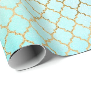 Papier Cadeau Aqua Pastel Ombre Gold Pink Quatrefoil Min