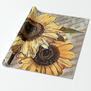 Papier Cadeau Aquarelle 2 Tournesols brillants Collection élégan