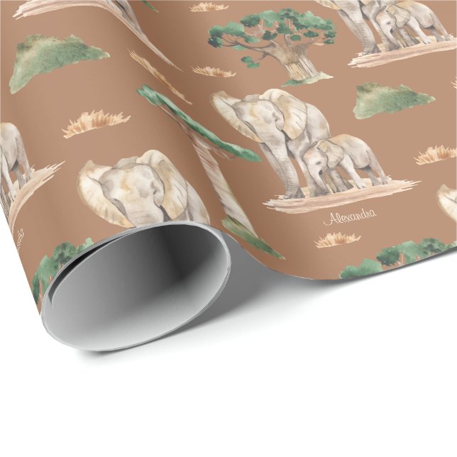Papier Cadeau Aquarelle Africaine maman et bébé Eléphant Motif (Coin rond)