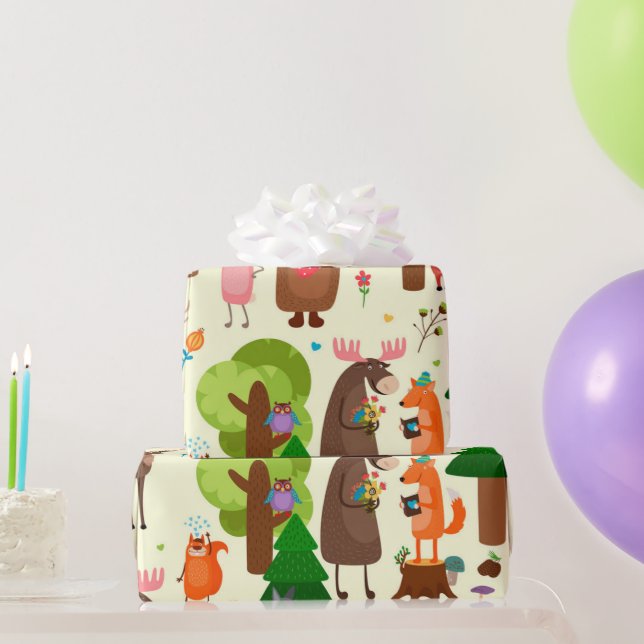 Papier Cadeau Aquarelle amusant Bois Animaux Caricatures (Cadeaux de fête)