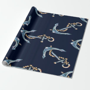Papier Cadeau Aquarelle Ancres Bleu marine