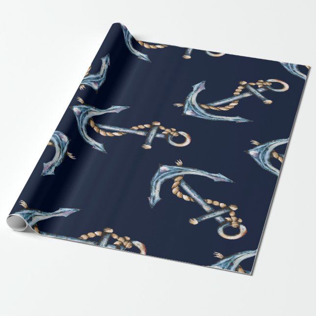 Papier Cadeau Aquarelle Ancres Bleu marine (Déroulé)