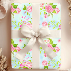 Papier Cadeau Aquarelle Anglais Floral Rose sur Bleu