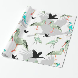 Papier Cadeau Aquarelle Animaux - Héron, oiseaux, Bleu, Aiguille