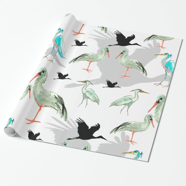 Papier Cadeau Aquarelle Animaux - Héron, oiseaux, Bleu, Aiguille (Déroulé)