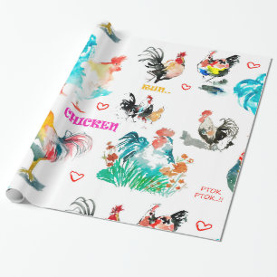 Papier Cadeau Aquarelle Animaux - Poulets, Exotique, Coq