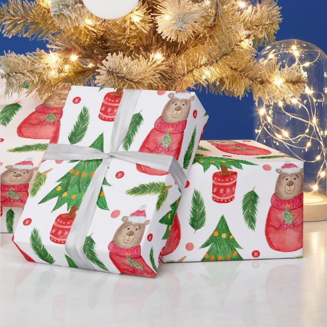Papier Cadeau Aquarelle Arbre de Noël et Ours en peluche (Vacances)