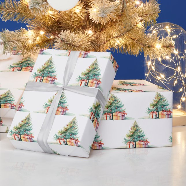 Papier Cadeau Aquarelle Arbres de Noël et cadeaux (Vacances)