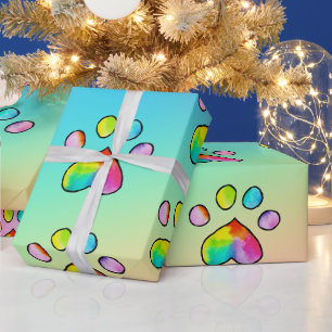 Papier Cadeau Aquarelle arc-en-ciel Empreinte de patte fête d'an