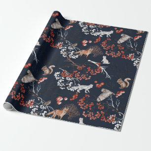 Papier Cadeau Aquarelle Baies et animaux de bois Noël