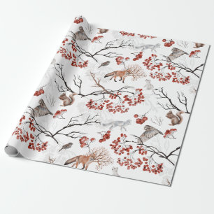 Papier Cadeau Aquarelle Baies et animaux de bois Noël