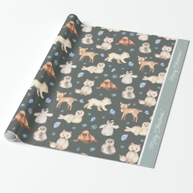 Papier Cadeau Aquarelle Bébé Animaux d'hiver sur Noël vert (Déroulé)