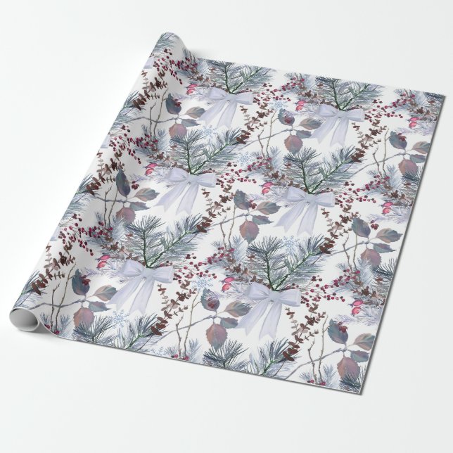 Papier Cadeau Aquarelle Berries de Noël et branches de pins (Déroulé)