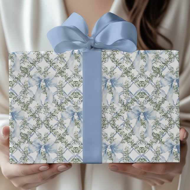 Papier Cadeau Aquarelle bicentenaire Bleu Bow & verdure (Créateur téléchargé)