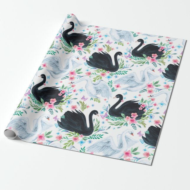 Papier Cadeau Aquarelle blanc et noir lac de cygne transparent p (Déroulé)