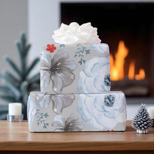 Papier Cadeau Aquarelle bleu argent Floral