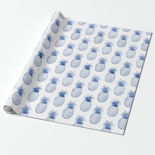 Papier Cadeau Aquarelle bleu blanc Aiguille tropicale  (Déroulé)