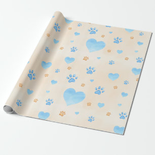 Papier Cadeau Aquarelle Bleu Coeurs et Empreintes de pattes Moti