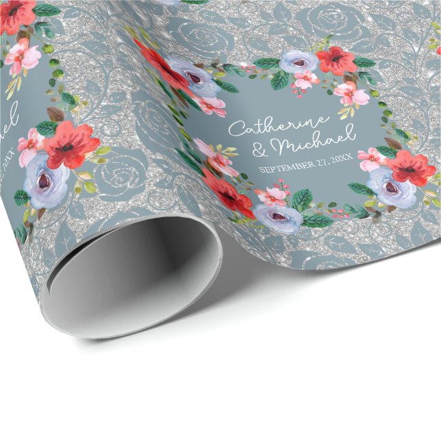 Papier Cadeau Aquarelle bleu Dusty Parties scintillant argent Fl (Coin rond)