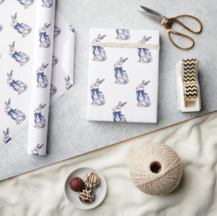 Papier Cadeau Aquarelle Bleu et blanc Chinoiserie Lapin Rabbit