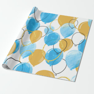 Papier Cadeau Aquarelle bleu et brillant ballons d'or transparen