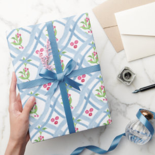 Papier Cadeau Aquarelle Bleu et rose Ruban & Holly