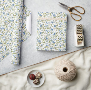 Papier Cadeau Aquarelle bleu et vert Fleurs sur blanc