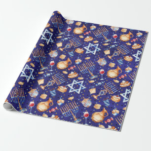 Papier Cadeau Aquarelle bleu Hanoukka Chanukah Gold