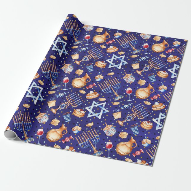 Papier Cadeau Aquarelle bleu Hanoukka Chanukah Gold (Déroulé)