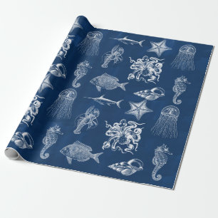 Papier Cadeau Aquarelle bleu marine Océan Animaux marins