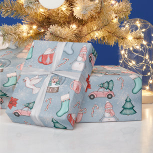 Papier Cadeau Aquarelle bleu mignonne Whimsical Cadeau de Noël