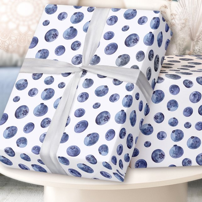 Papier Cadeau Aquarelle Bleu Motif Bleu Blanc (Watercolor Blueberry Pattern Blue White Wrapping Paper)