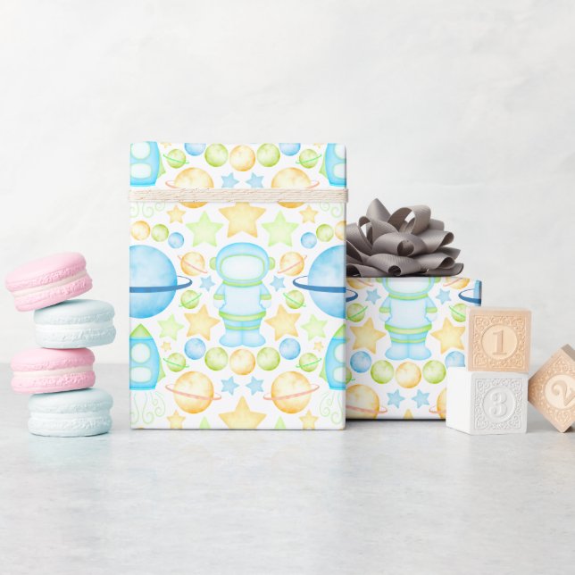 Papier Cadeau Aquarelle bleu mou Astronautes de l'espace (Baby Shower)