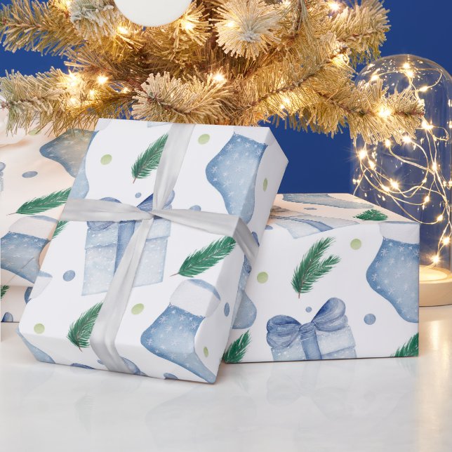 Papier Cadeau Aquarelle Bleu Noëls et présents (Vacances)