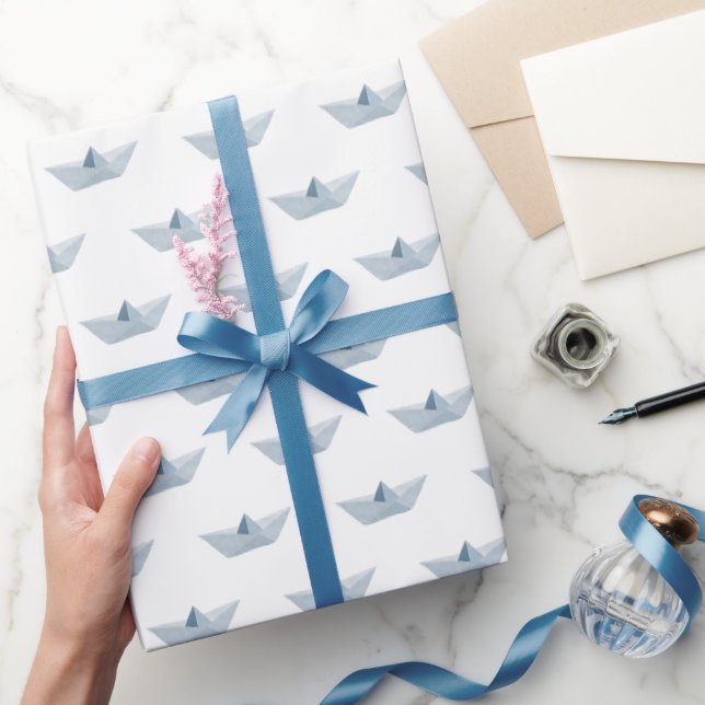 Papier Cadeau Aquarelle Bleu Origami Bateau (Cadeaux)