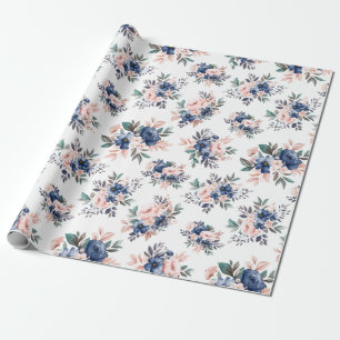 Papier Cadeau Aquarelle bleu rose et marine Floral