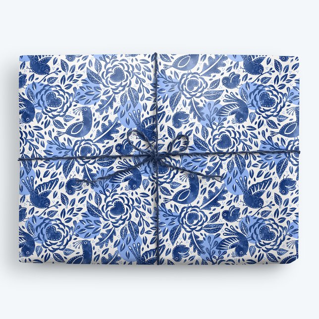 Papier Cadeau Aquarelle bleue et blanche Oiseaux, nids et coeurs (Créateur téléchargé)