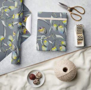 Papier Cadeau Aquarelle Blue Green Olive Branch