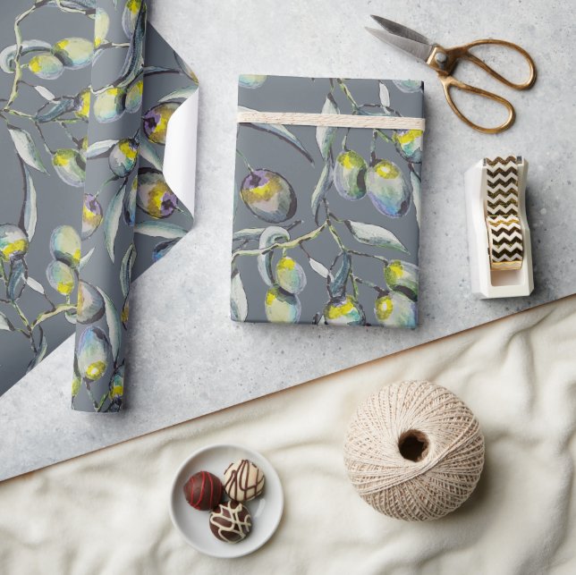 Papier Cadeau Aquarelle Blue Green Olive Branch (Artisanat)