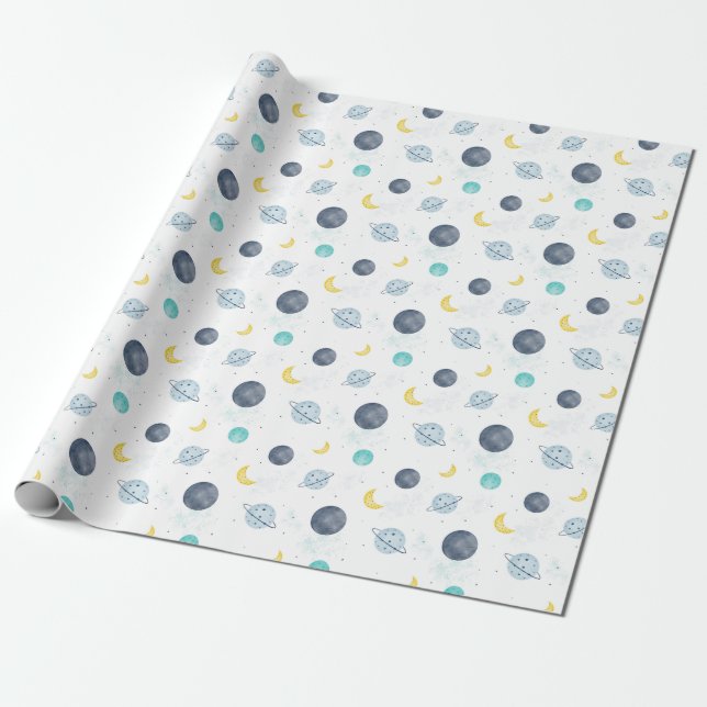 Papier Cadeau Aquarelle Blue Space Planet Motif (Déroulé)